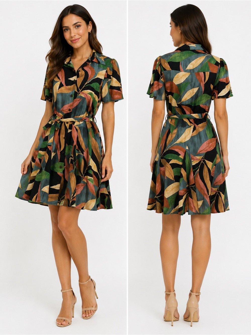 Leaf-Print Short Sleeve Tie-Waist Mini Dress in Multicolor